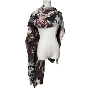 Nine West Scarf Womens One Size Black Neutral Floral Rectangle Shawl Wrap